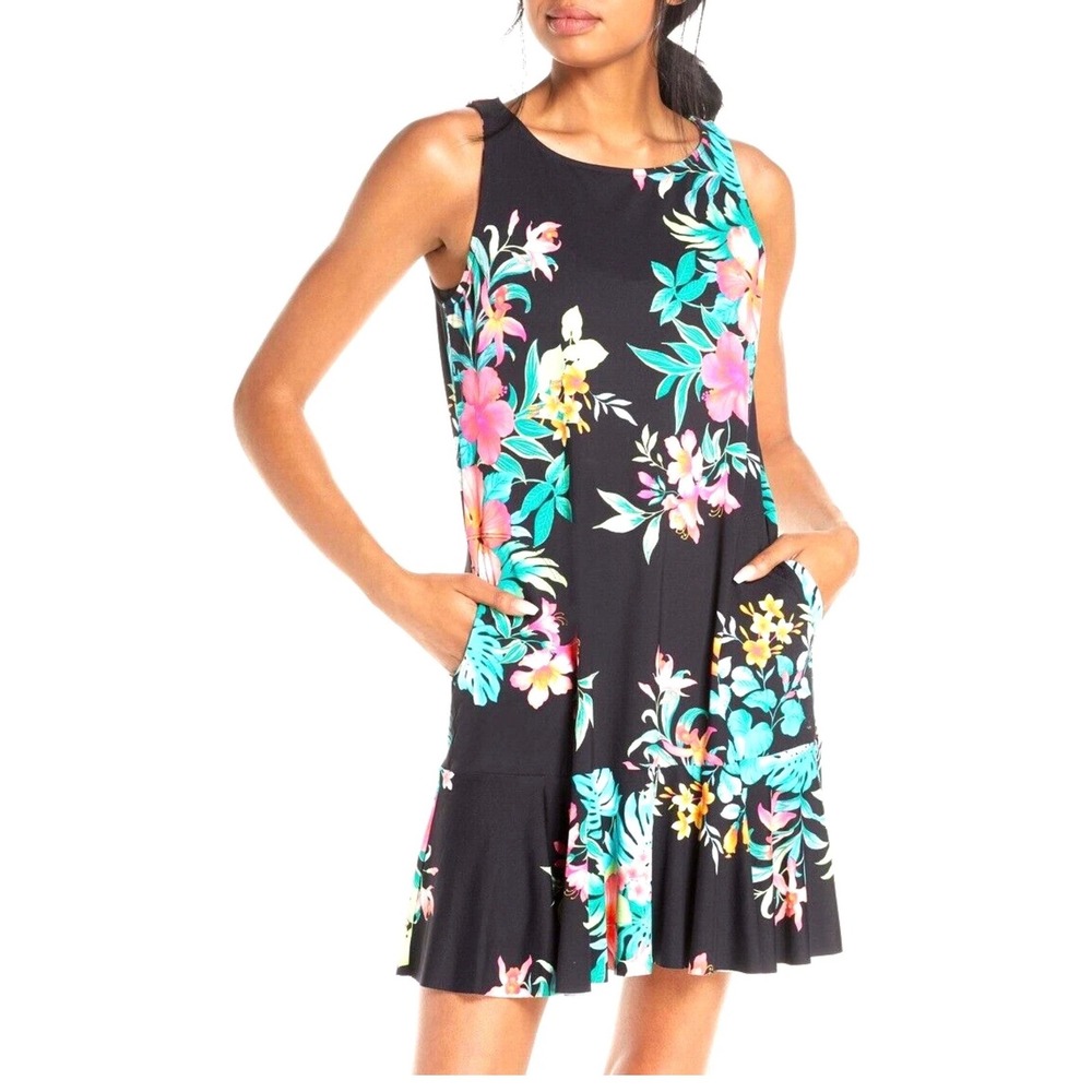 Tommy Bahama Womens XL Tropical Floral Ruffle Hem Tassel Dress Black UPF 50+